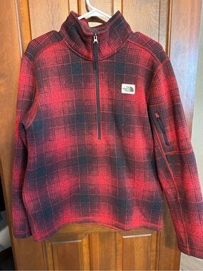 The North Face Men’s Red and Black Zip-Up Plaid Fleece